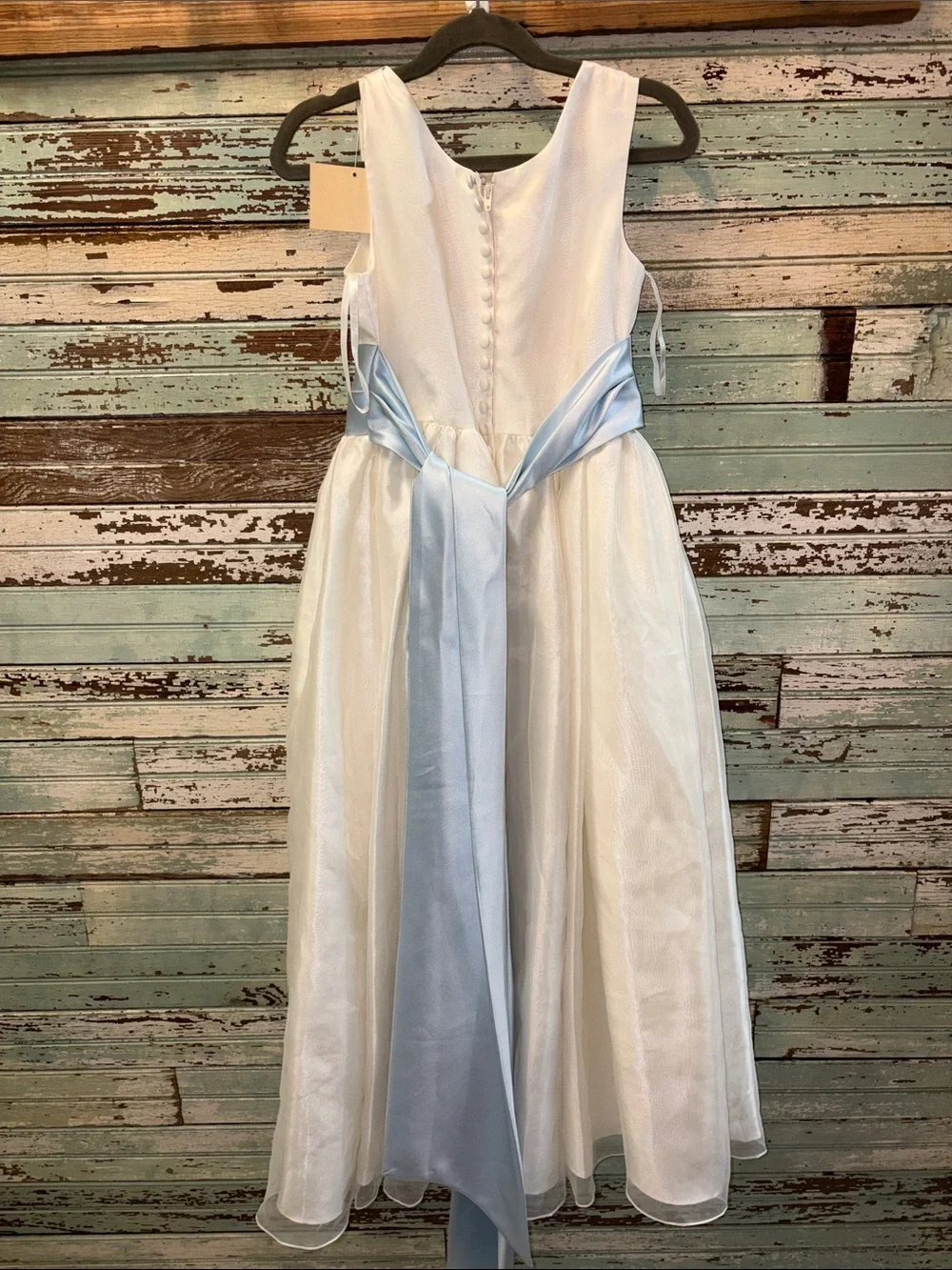 Girls White Satin Organza Dress with Light Blue Sash